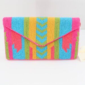 KAYLEE Bright Tribal Southwest Design Beaded Envelope Clutch Crossbody Bag NWT